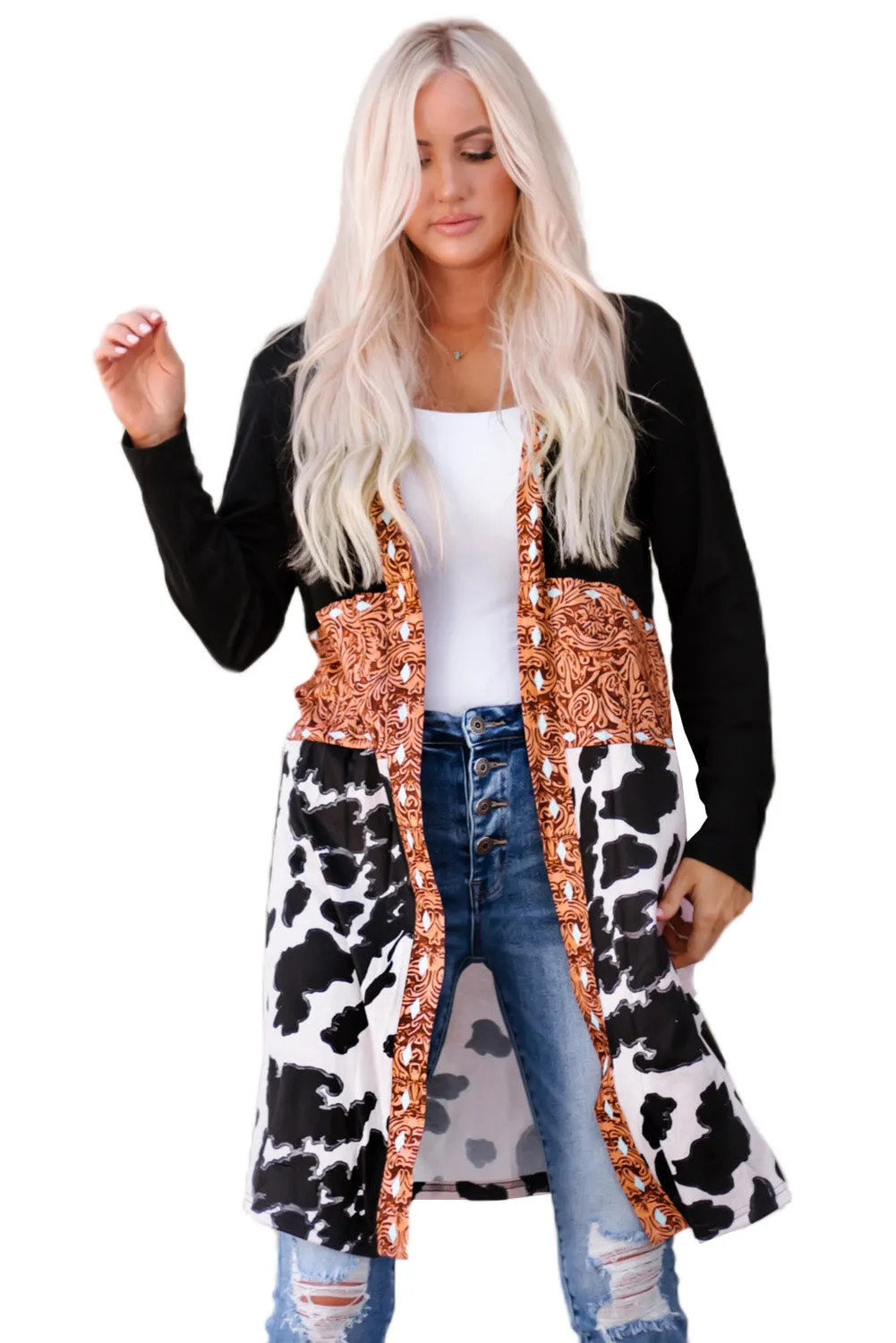 Women's Western Pattern Cow Patchwork Open Front Cardigan