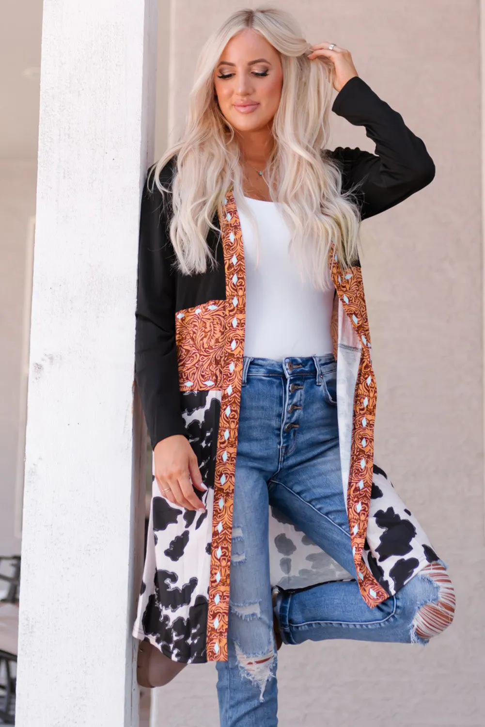 Women's Western Pattern Cow Patchwork Open Front Cardigan