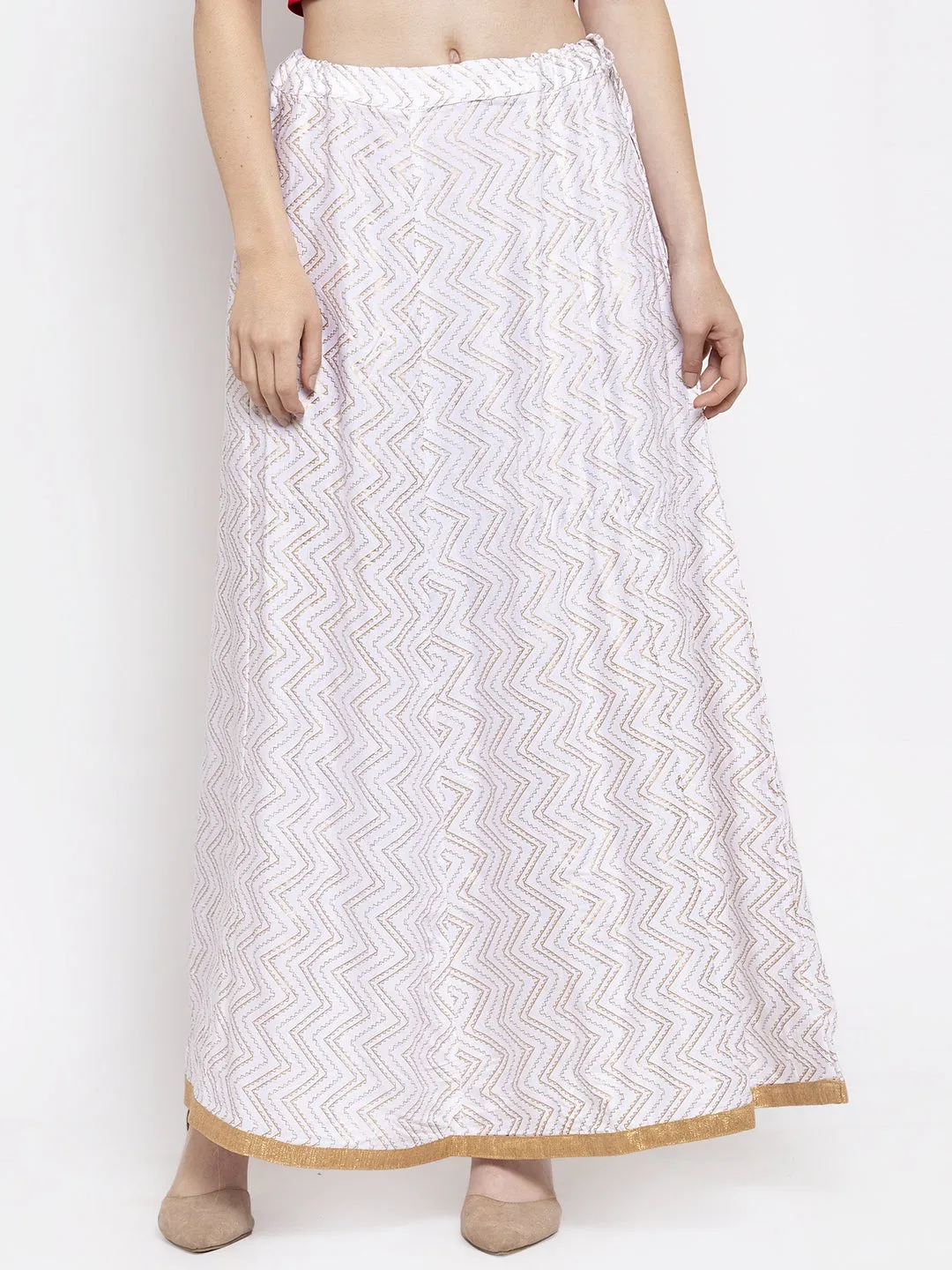 Women'S White Zigzag Printed Flared Maxi Skirt