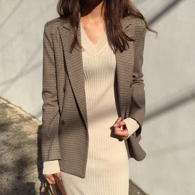 Yeknu Vintage Double Breasted Office Ladies Plaid Blazer Long Loose Jacket Houndstooth Suit Coat Jacket Women blazers Female