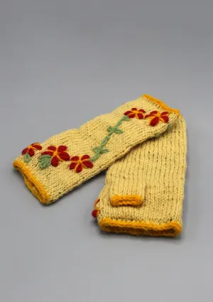 Yellow Color with Red Flower Patchwork Finger less Gloves /Hand Warmers