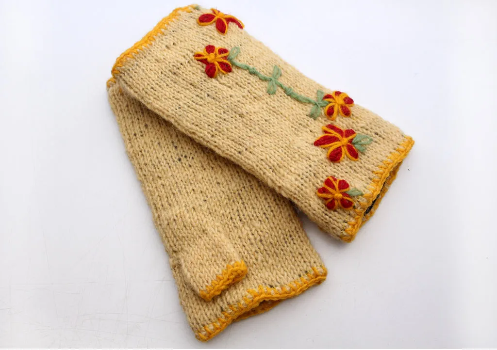 Yellow Color with Red Flower Patchwork Finger less Gloves /Hand Warmers